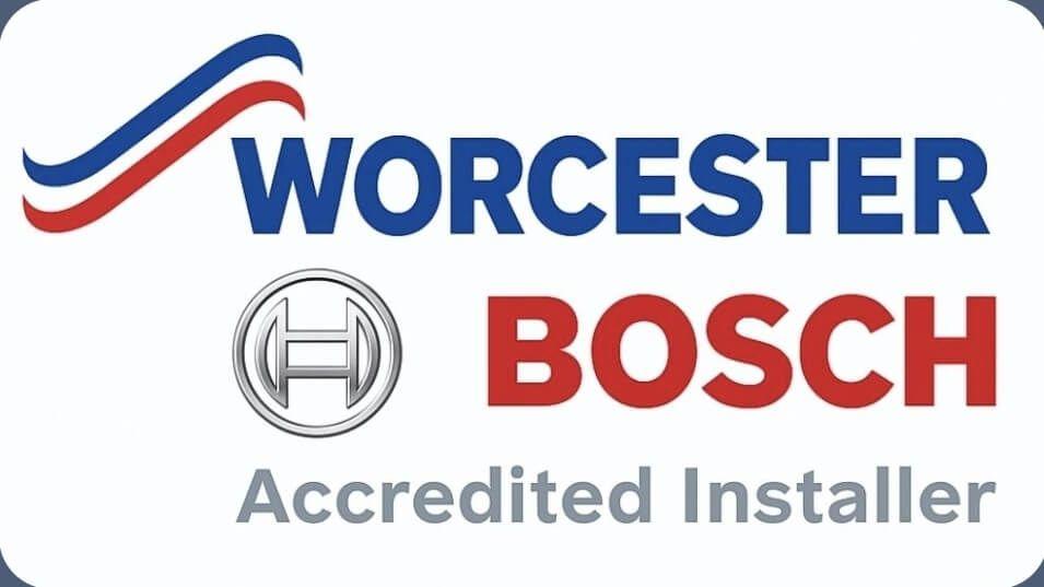 "Worcester Bosch Accredited Installer badge with a clean white background, featuring the Worcester logo, Bosch emblem, and 'Accredited Installer' text in bold blue, red, and grey."