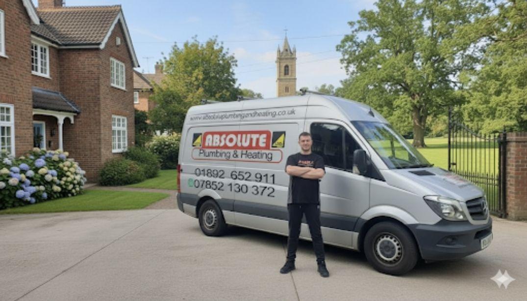Daniel standing proudly beside the Absolute Plumbing & Heating van, ready to serve customers in Rotherfield with over 25 years’ experience.