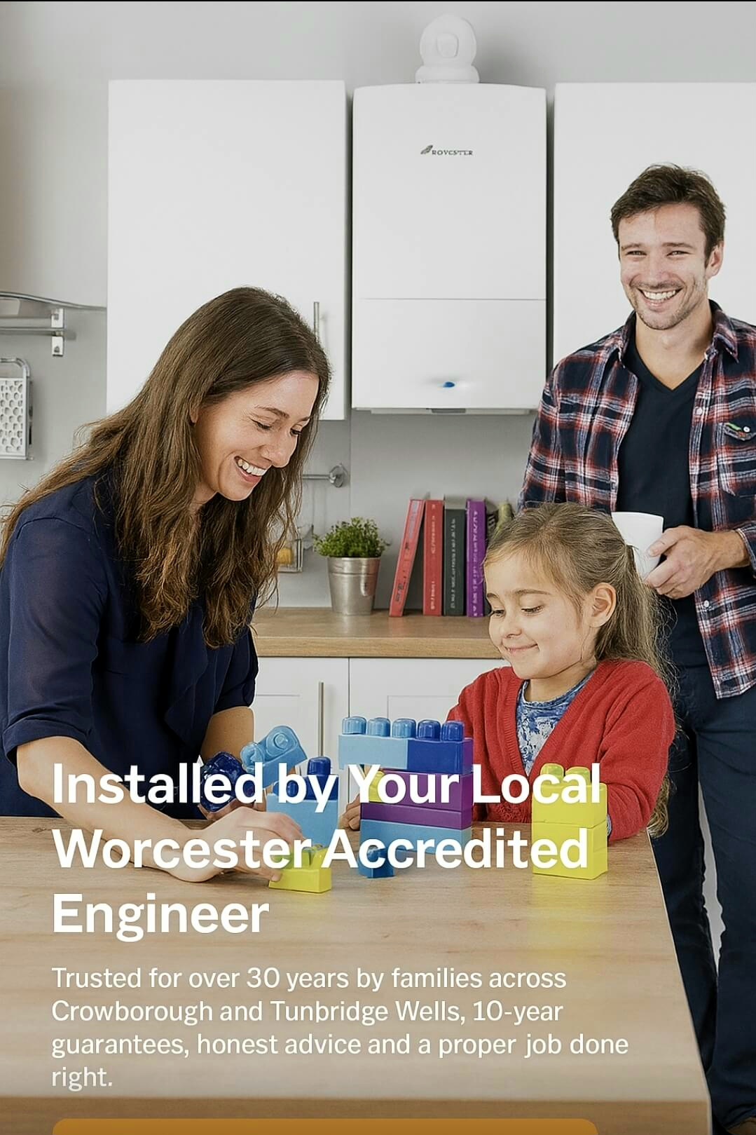 A happy family playing together in their Crowborough home, with a professionally installed Worcester boiler on the wall behind them. Reflects warmth, reliability, and expert local heating service.