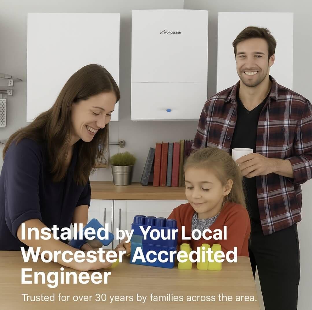 A happy family playing together in their Crowborough home, with a professionally installed Worcester boiler on the wall behind them. Reflects warmth, reliability, and expert local heating service.