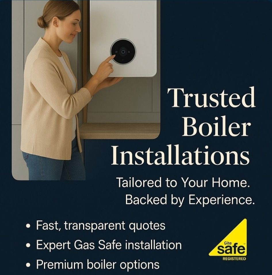Woman adjusting a new wall-mounted boiler with overlay text reading “Trusted Boiler Installations in Tunbridge Wells"”