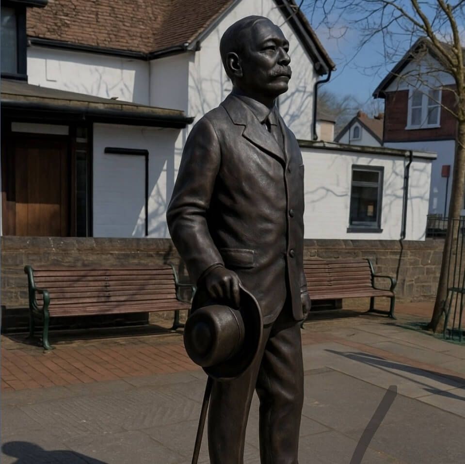 Statue of Sir Arthur Conan Doyle in Crowborough town centre holding a hat
