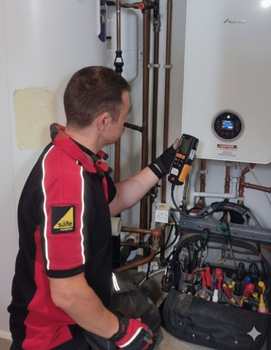 "Gas Safe engineer from Absolute Plumbing and Heating servicing a Worcester Bosch boiler in Crowborough with a flue gas analyser and full tool kit."