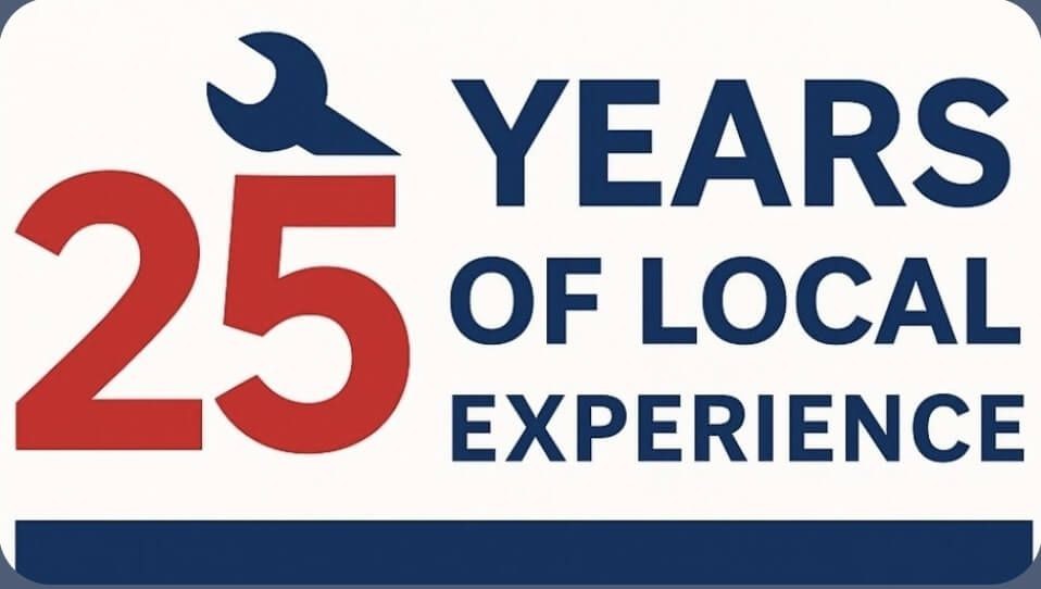 Badge reading '25 Years of Local Experience' with a spanner icon, highlighting Absolute Plumbing & Heating's long-standing service in Crowborough.