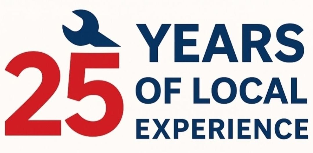 "25 Years of Local Experience badge featuring a red number 25 with a blue wrench icon and bold navy text on a clean white background, styled to match the Worcester Bosch branding."