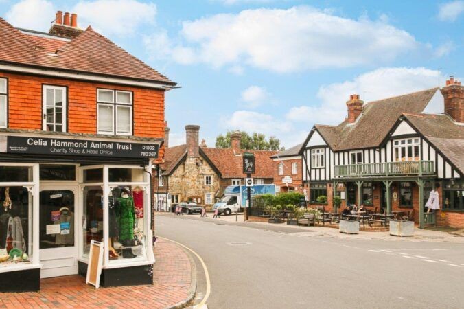 High Street in Wadhurst, East Sussex, featuring local shops and historic buildings on a sunny day