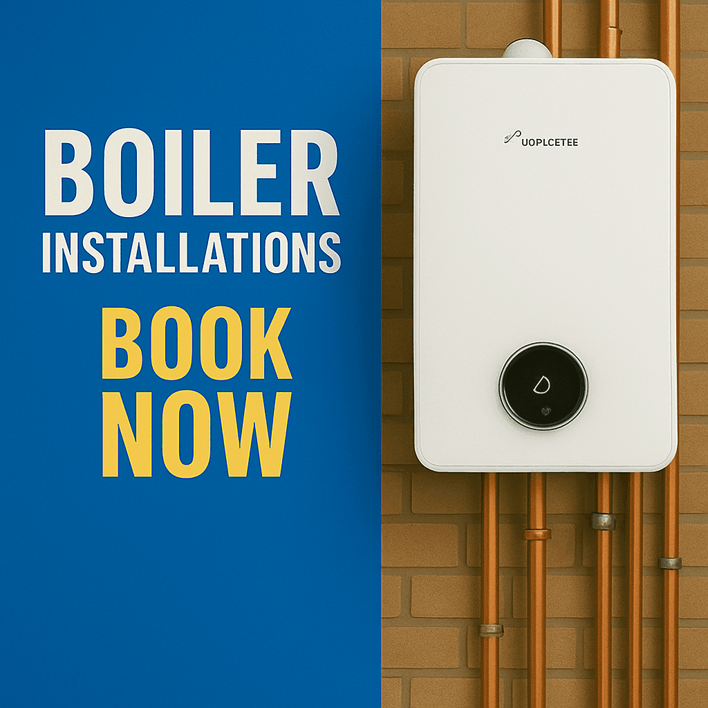 Modern white boiler mounted on brick wall with copper pipes – ad promoting boiler installations and fast same-day quotes.