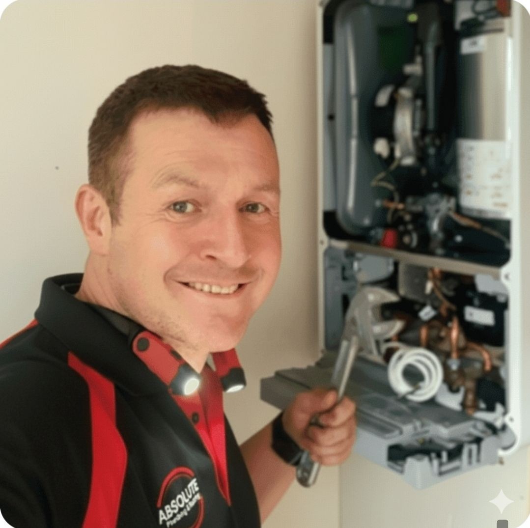 "Gas Safe engineer from Absolute Plumbing and Heating carrying out boiler repairs in Crowborough with Worcester Bosch boiler open for inspection."