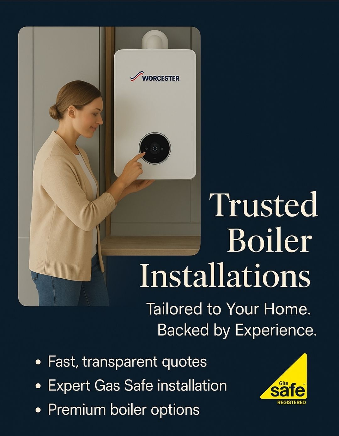 Woman adjusting a new wall-mounted boiler with overlay text reading “Trusted Boiler Installations”